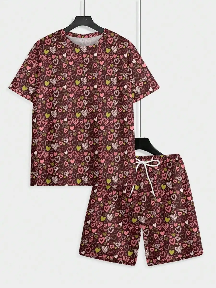 Burgundy Heart Print Mens Short Sleeve Beach Shorts Set With Drawstring
Burgundy Heart Print Mens Short Sleeve Beach Shorts Set With Drawstring