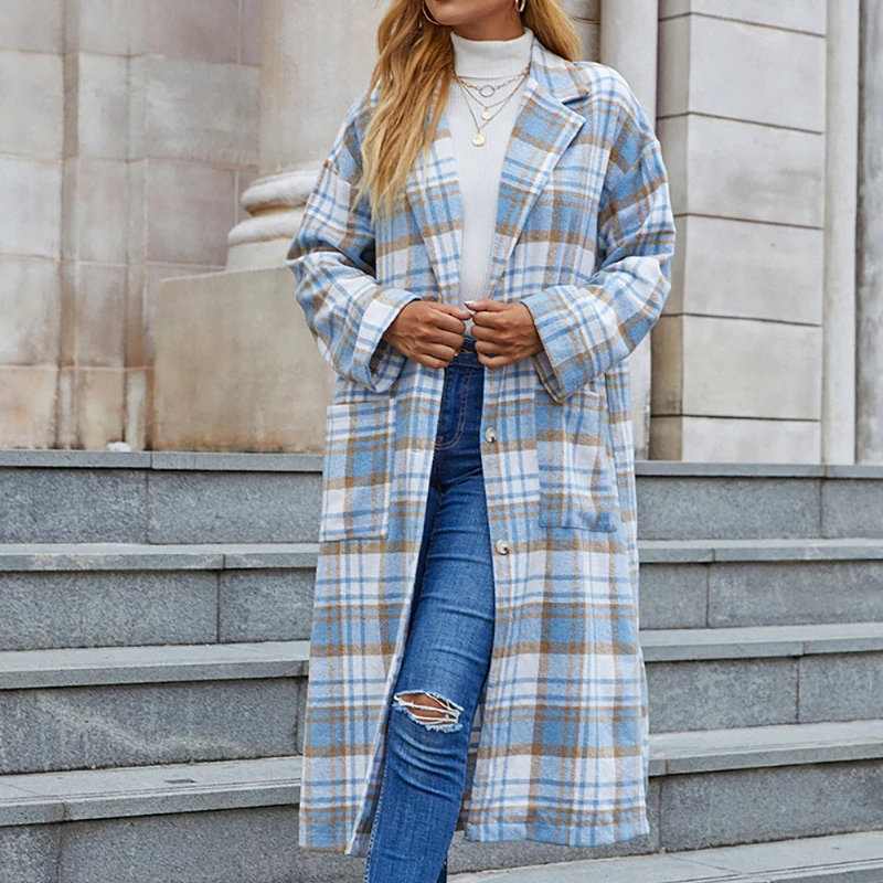 Fashion Autumn and Winter New Blue and White Plaid Long-sleeved Pocket Ladies Cardigan Windbreaker Women's Mid-length Coat
Fashion Autumn and Winter New Blue and White Plaid Long-sleeved Pocket Ladies Cardigan Windbreaker Women's Mid-length Coat
