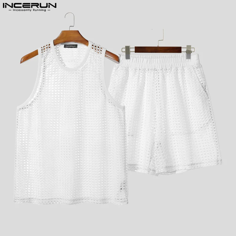 INCERUN Men Sets Solid Color Mesh See Through Hollow Out Sleeveless Tank Tops & Shorts Two Pieces Sets Streetwear Men's Suits
INCERUN Men Sets Solid Color Mesh See Through Hollow Out Sleeveless Tank Tops & Shorts Two Pieces Sets Streetwear Men's Suits