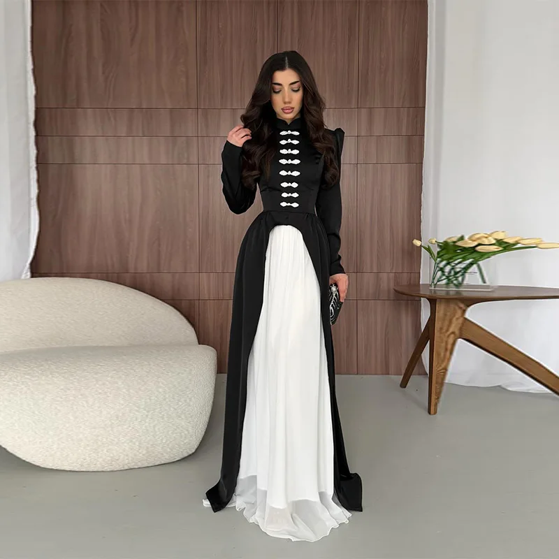 2026 New Black White Contrast Maxi Dress Mandarin Collar Long Sleeve Decorative Buttons Flowy Spring Formal Evening Gown Women
2026 New Black White Contrast Maxi Dress Mandarin Collar Long Sleeve Decorative Buttons Flowy Spring Formal Evening Gown Women