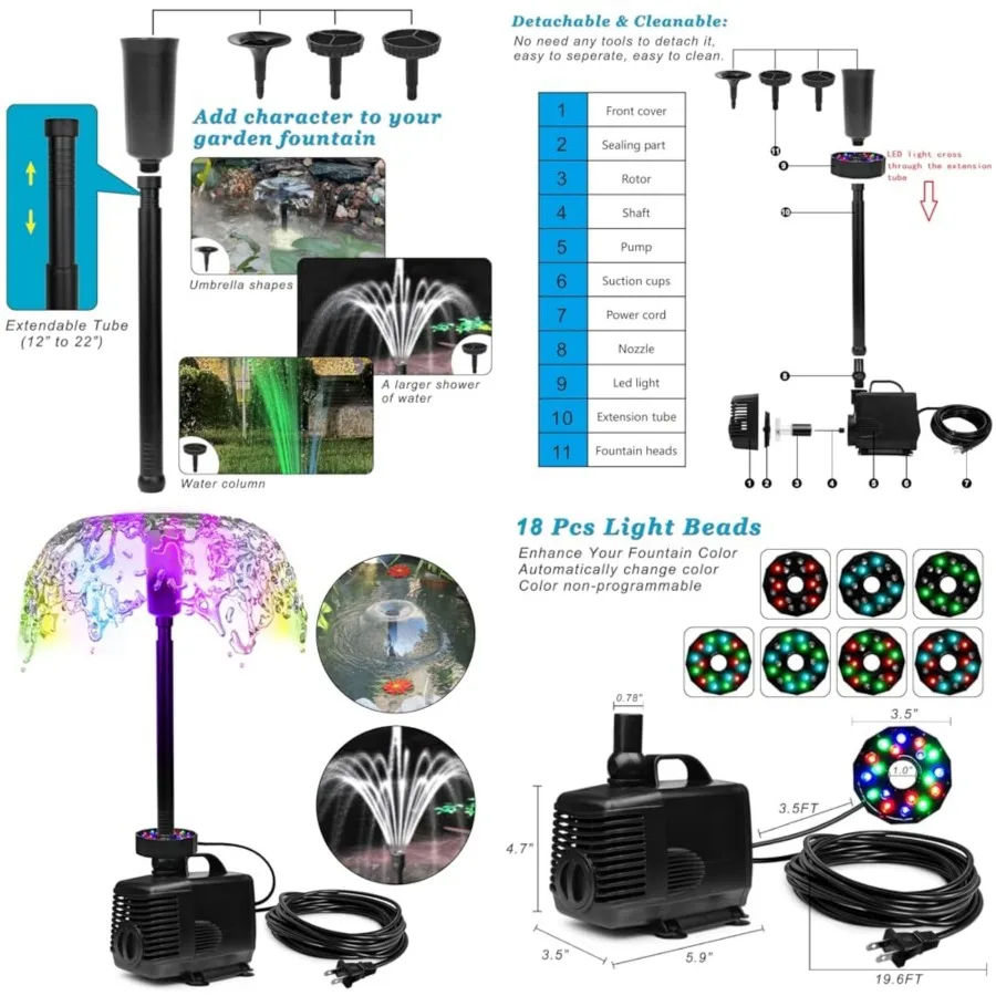 45W 792 GPH LED Pond Pump with Fountain Kit 3000L/H,Submersible Garden Water Fountain Pump, for Waterfall, Hydroponics, Aquariu
45W 792 GPH LED Pond Pump with Fountain Kit 3000L/H,Submersible Garden Water Fountain Pump, for Waterfall, Hydroponics, Aquariu