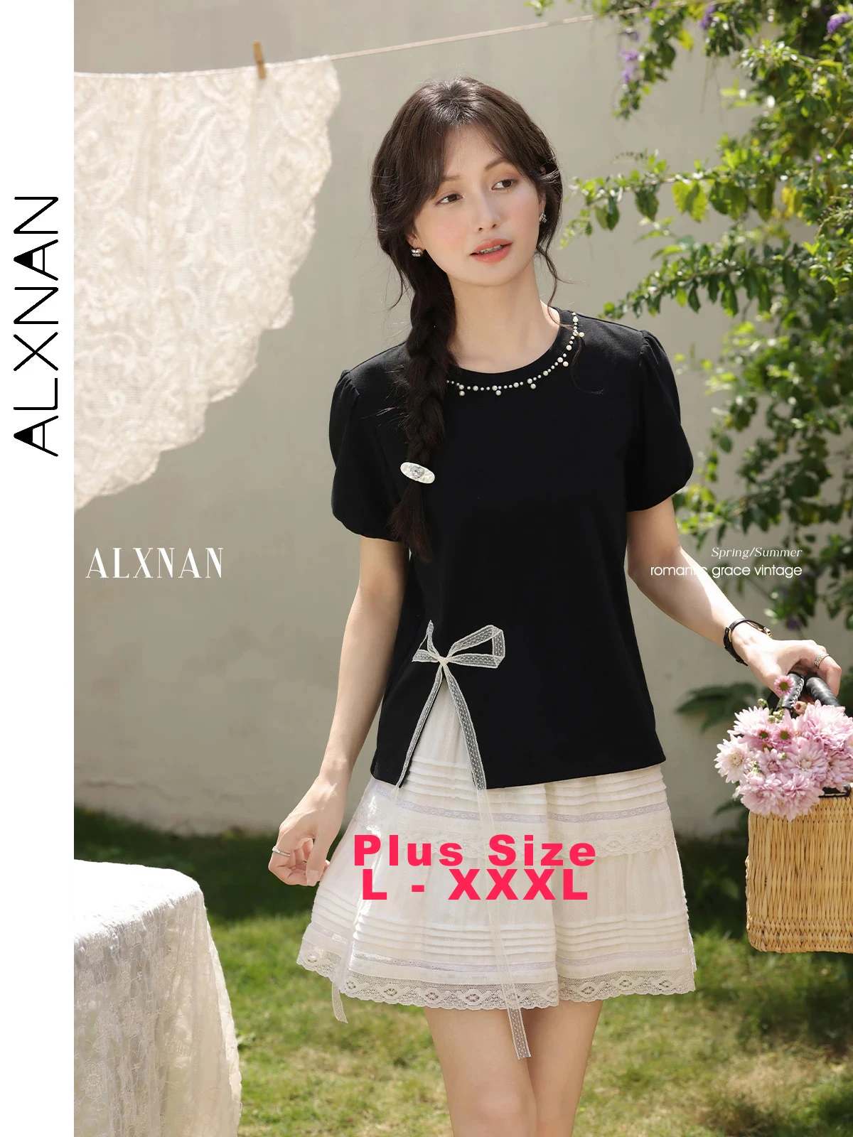 ALXNAN Plus Size Women's Black T-shirt 2025 Summer Puff Sleeves Beaded Lace Bow Design T-shirt Cotton Short Sleeve Tops D10010
ALXNAN Plus Size Women's Black T-shirt 2025 Summer Puff Sleeves Beaded Lace Bow Design T-shirt Cotton Short Sleeve Tops D10010
