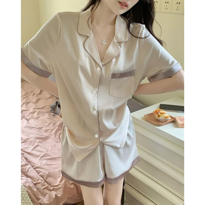 Heart Women Pajamas Summer Sleepwear Short Sleeve Sets 2 Pieces Pocket Night Wears Button Korean Sleeping Solid Home Suit 2025
Heart Women Pajamas Summer Sleepwear Short Sleeve Sets 2 Pieces Pocket Night Wears Button Korean Sleeping Solid Home Suit 2025