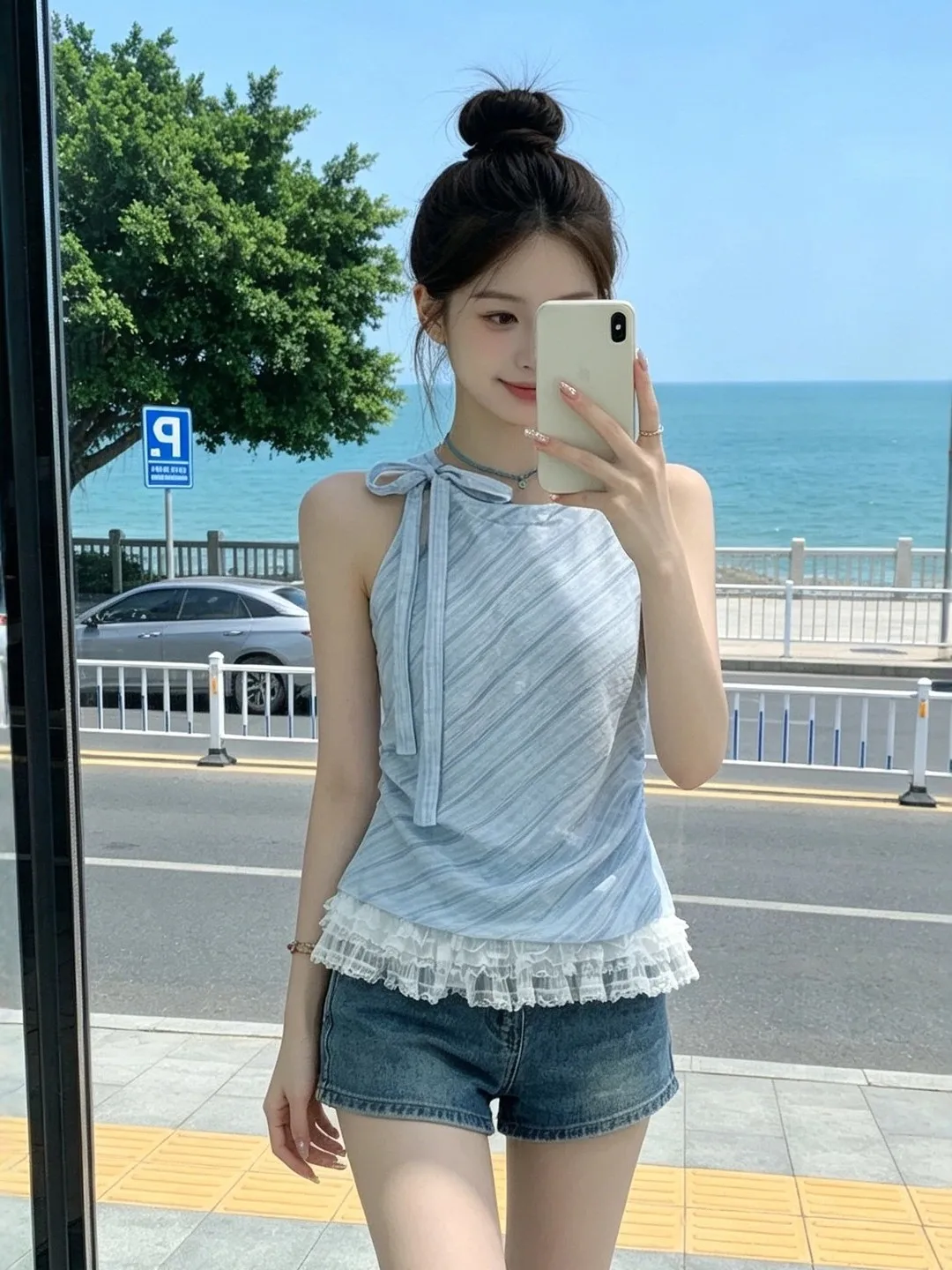 Blue Lace Trim Sleeveless Vest Shirt Women Summer Unique Slimming Knot Tie Neck Top Korean Style round Neck Casual ...
Blue Lace Trim Sleeveless Vest Shirt Women Summer Unique Slimming Knot Tie Neck Top Korean Style round Neck Casual ...