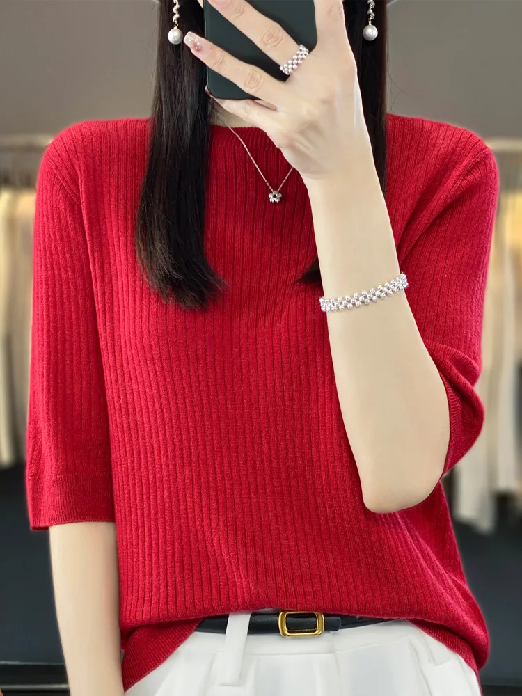 Spring and summer 24 new fashion short-sleeved cashmere women's sweater 100% pure merino wool round neck pullover T-shirt
Spring and summer 24 new fashion short-sleeved cashmere women's sweater 100% pure merino wool round neck pullover T-shirt