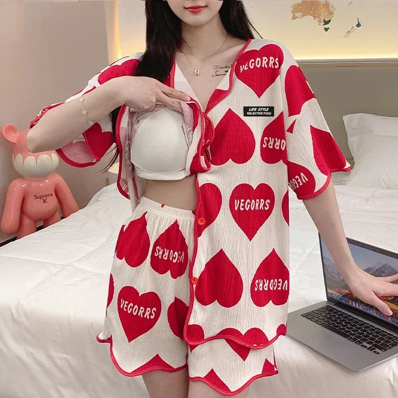 Pajamas Sets Women Summer New with Chest Cushion Cartoon Love Short-sleeved Shorts Cardigan Leisure Loungewear Two-piece Suit
Pajamas Sets Women Summer New with Chest Cushion Cartoon Love Short-sleeved Shorts Cardigan Leisure Loungewear Two-piece Suit