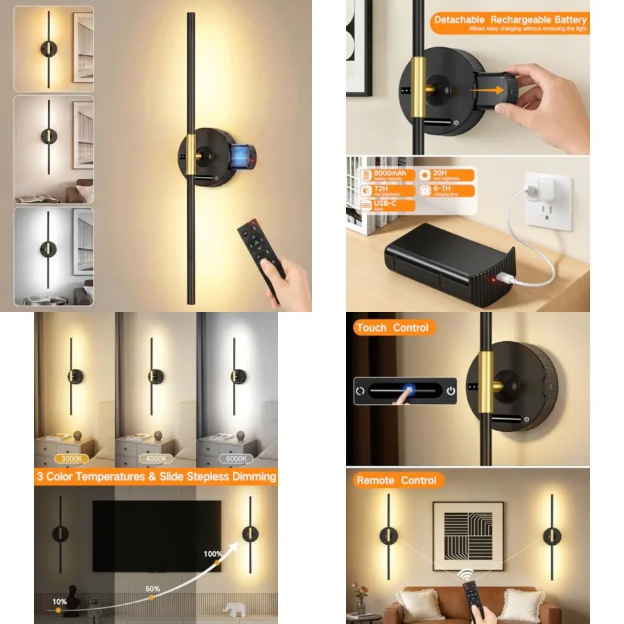 Rechargeable Wall Sconce with 8000mAh Removable Battery, Power Indicator, Remote and Touch Control, 3 Color Temperatures, Dimma
Rechargeable Wall Sconce with 8000mAh Removable Battery, Power Indicator, Remote and Touch Control, 3 Color Temperatures, Dimma