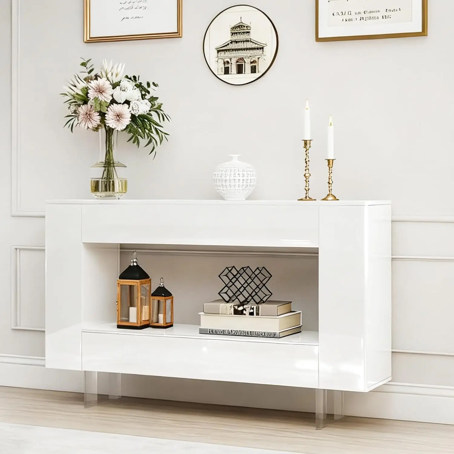 Glossy Entryway Table with Push-Open Doors - High-Gloss Modern Console Table with Open Shelf for Foyer, Living, Customized
Glossy Entryway Table with Push-Open Doors - High-Gloss Modern Console Table with Open Shelf for Foyer, Living, Customized
