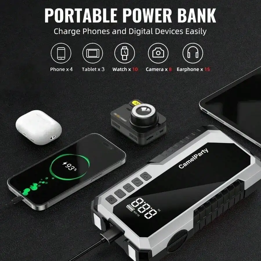 Portable 12V 8-In-1 Emergency Car Starter With 150 PSI Air Inflator, Fast Charging Battery Pack, And Smart Cable For Vehicles
Portable 12V 8-In-1 Emergency Car Starter With 150 PSI Air Inflator, Fast Charging Battery Pack, And Smart Cable For Vehicles