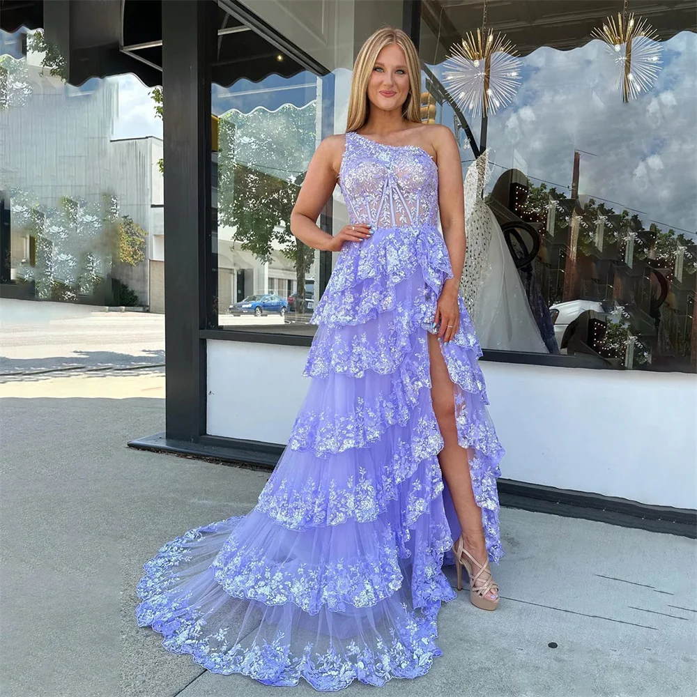 Lily Sparkly Lilac Formal Dresses One Shoulder Party Dress For Wedding Tiered Lace Long Special Occasion Dresses with Slit
Lily Sparkly Lilac Formal Dresses One Shoulder Party Dress For Wedding Tiered Lace Long Special Occasion Dresses with Slit