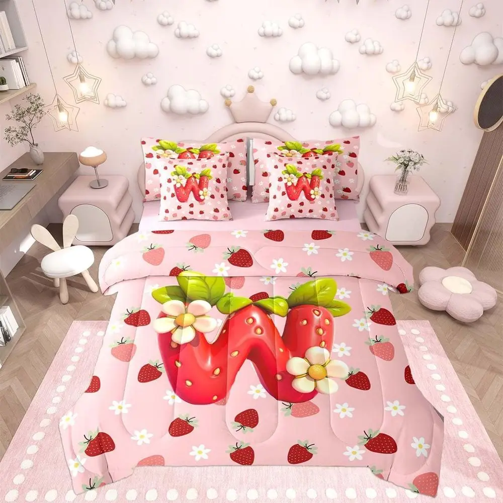 7-Piece Pink Strawberry Queen Bedding Set with Sheets for Kids and Teens, Initial Letter W Decor
7-Piece Pink Strawberry Queen Bedding Set with Sheets for Kids and Teens, Initial Letter W Decor