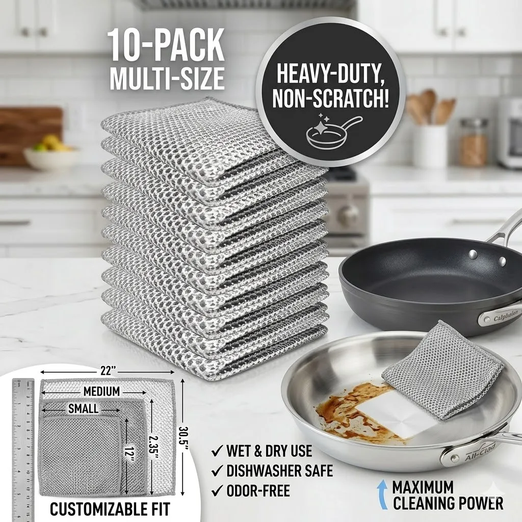 Scratch-Free Wire Dishwashing Rags - Multipurpose Steel Wire Dishcloth for Wet and Dry, Heavy Duty Kitchen Sponge Alternative for Washing Dishes, Pots & Pans
Scratch-Free Wire Dishwashing Rags - Multipurpose Steel Wire Dishcloth for Wet and Dry, Heavy Duty Kitchen Sponge Alternative for Washing Dishes, Pots & Pans