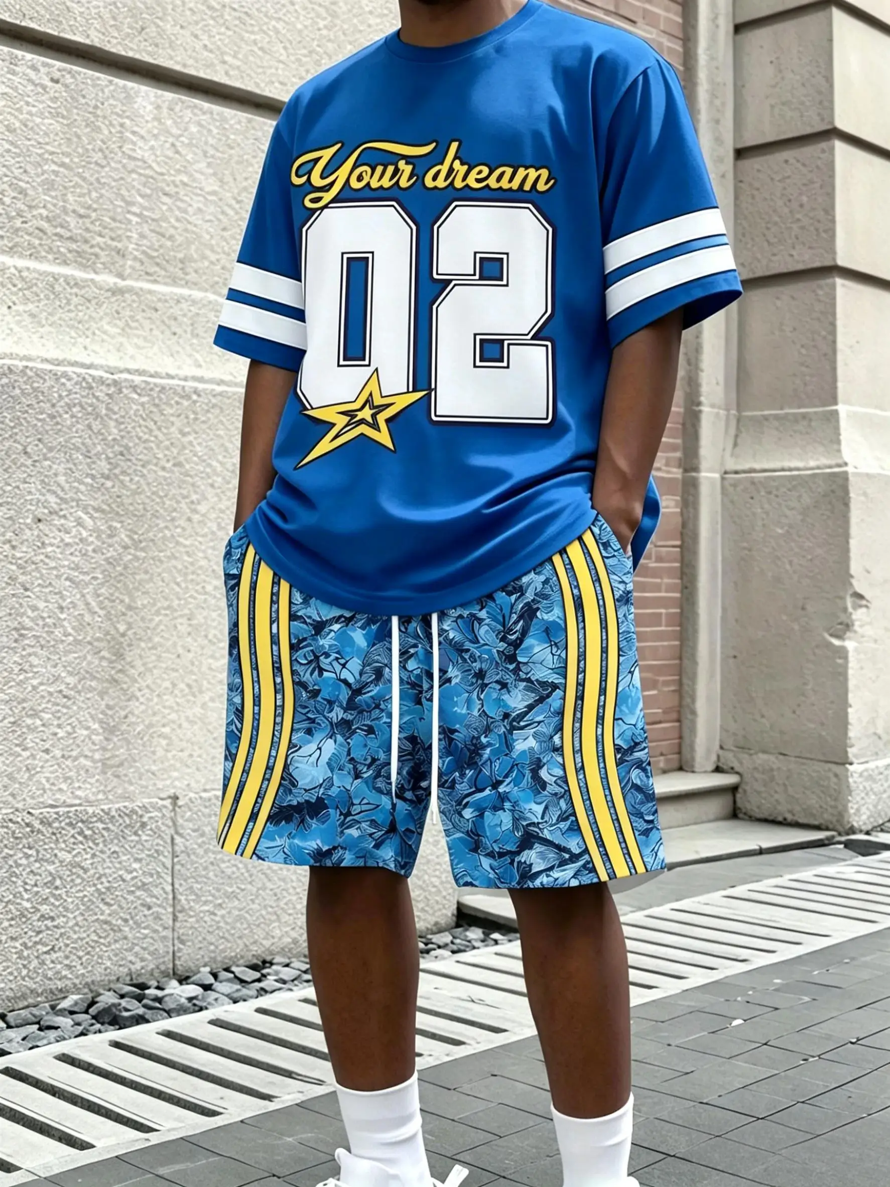 American men's summer letter stripe print micro elastic breathable round neck T-shirt drawstring shorts set outdoor streetwear
American men's summer letter stripe print micro elastic breathable round neck T-shirt drawstring shorts set outdoor streetwear