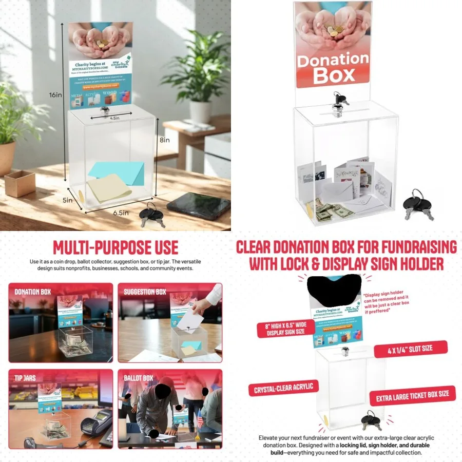 Extra Large Suggestion Donation Box, Size 16" x 8" x 6" Clear Donation Box for Fundraising with Lock and Display Sign Holder, R
Extra Large Suggestion Donation Box, Size 16" x 8" x 6" Clear Donation Box for Fundraising with Lock and Display Sign Holder, R