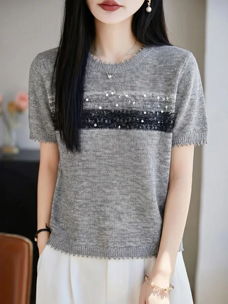 Gray Knitted Short Sleeve round Neck Bead Decorated Casual Versatile Top Small Size Elegant T-Shirt Women's Summer Fashion
Gray Knitted Short Sleeve round Neck Bead Decorated Casual Versatile Top Small Size Elegant T-Shirt Women's Summer Fashion