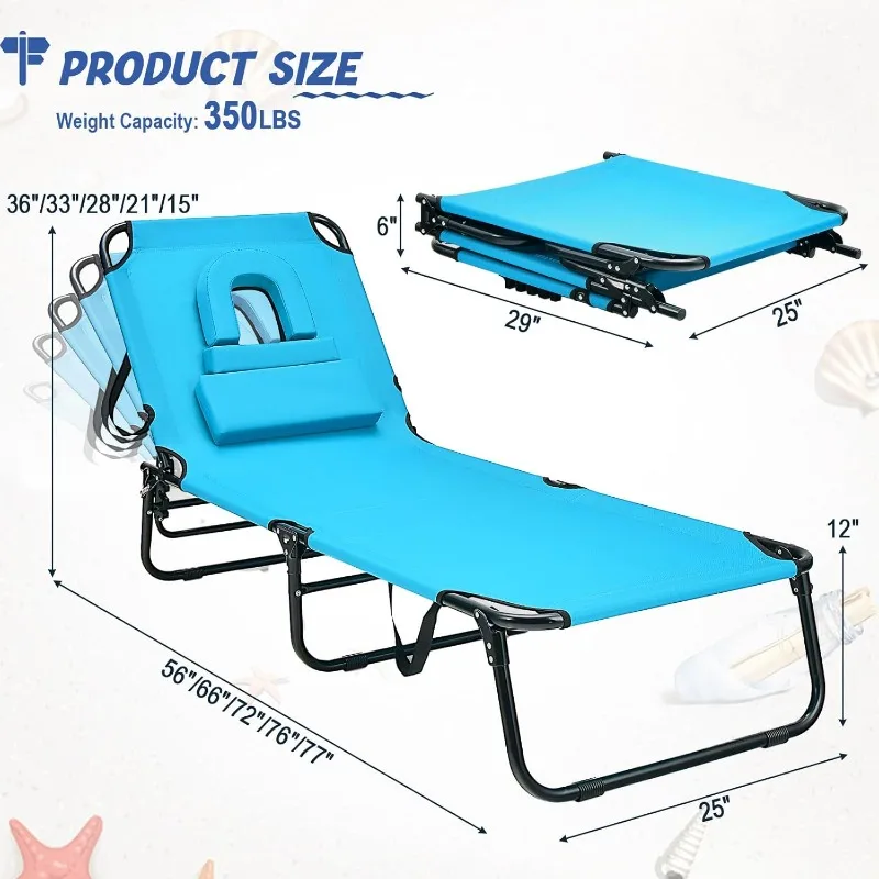 Tanning Chair, Folding Beach Lounge Chair with Face Hole, Removable Pillow, 350LBS Capacity, Carry Strap, 5-Position Adjustable
Tanning Chair, Folding Beach Lounge Chair with Face Hole, Removable Pillow, 350LBS Capacity, Carry Strap, 5-Position Adjustable