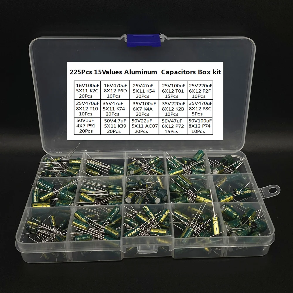 225Pcs/Box Capacitor Kit DIP Aluminum Electrolytic Capacitors Set 15Values 16V-50V 1uF-470uF Assorted Kit Storage Low
225Pcs/Box Capacitor Kit DIP Aluminum Electrolytic Capacitors Set 15Values 16V-50V 1uF-470uF Assorted Kit Storage Low