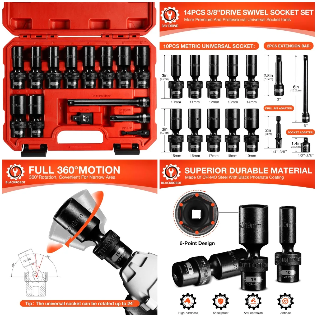 3/8' Drive Swivel Socket Set, 14-Piece, Metric 10-19mm, 6-Point, CR-MO, Includes Extensions & Adapter
3/8' Drive Swivel Socket Set, 14-Piece, Metric 10-19mm, 6-Point, CR-MO, Includes Extensions & Adapter
