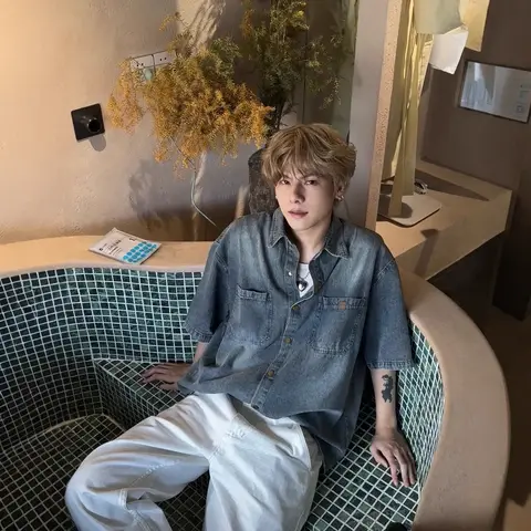 American Retro Washed Denim Short Sleeve Shirt Men's Summer New Loose Casual Top Trendy Korean Style Striped Summer Shirt