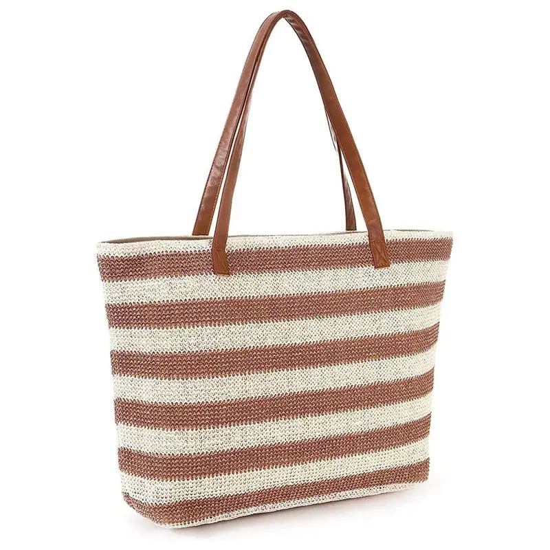 Beach Tote Bag Soft Tote Bag With Zipper Beach Handbag With Stripe Woven Shoulder Bag Khaki-New
Beach Tote Bag Soft Tote Bag With Zipper Beach Handbag With Stripe Woven Shoulder Bag Khaki-New