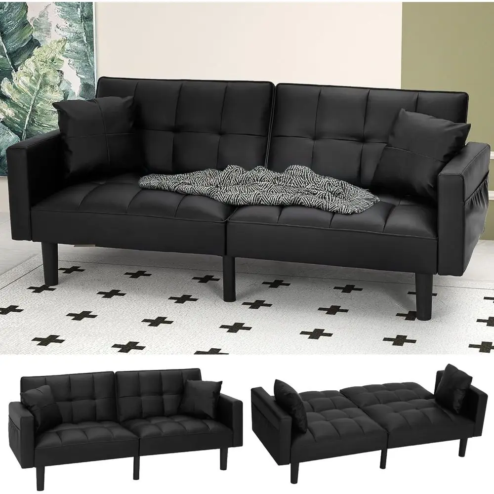 74 Adjustable Backrest Convertible Sofa Bed with Pillows and Side Pockets, Leather-Look Couch for Living Room, Bedroom, or Offic
74 Adjustable Backrest Convertible Sofa Bed with Pillows and Side Pockets, Leather-Look Couch for Living Room, Bedroom, or Offic