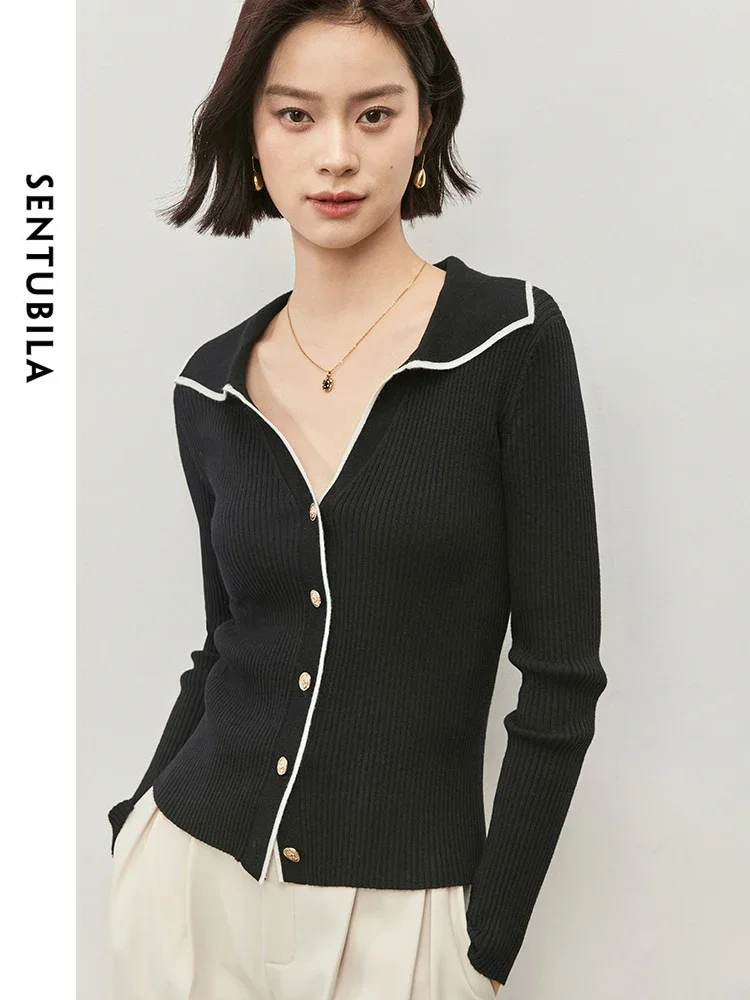 SENTUBILA Patchwork Wool Knit Cardigan for Women's 2025 Spring Sailor Collar Slim Fit Relief Metal Button Women Top W43E56561
SENTUBILA Patchwork Wool Knit Cardigan for Women's 2025 Spring Sailor Collar Slim Fit Relief Metal Button Women Top W43E56561