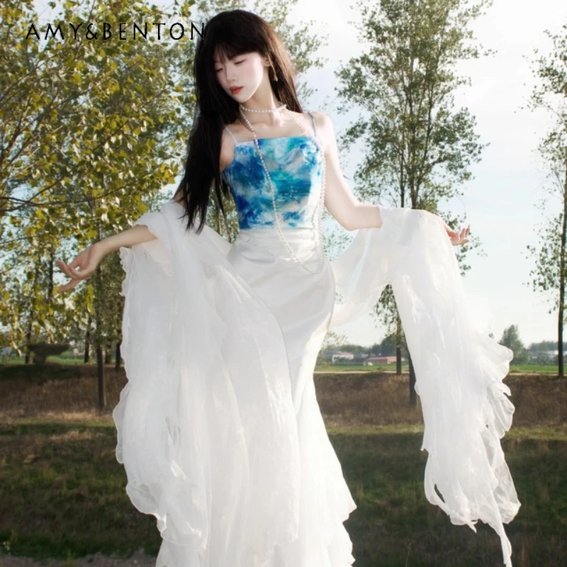 French Blue White Gradient Feather Sleeve Women's Sling Dress 2025 Summer New Sweet Elegant Sleeveless Mermaid Dresses Ladies
French Blue White Gradient Feather Sleeve Women's Sling Dress 2025 Summer New Sweet Elegant Sleeveless Mermaid Dresses Ladies