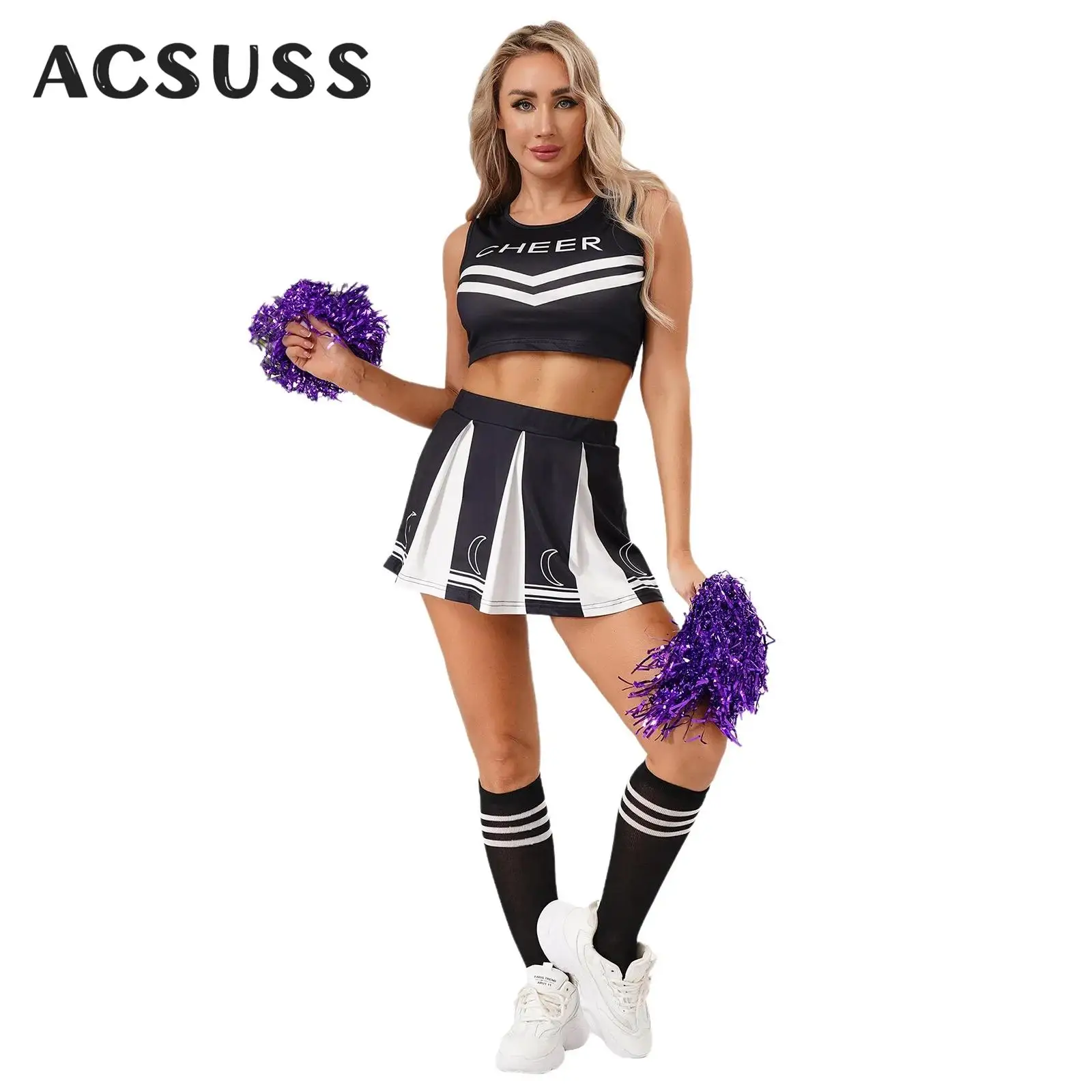 Женская сексуальная форма черлидинга для Хэллоуина, карнавальный костюм болельщика, укороченный топ для танцев с плиссированной юбкой, чулки
Женская сексуальная форма черлидинга для Хэллоуина, карнавальный костюм болельщика, укороченный топ для танцев с плиссированной юбкой, чулки