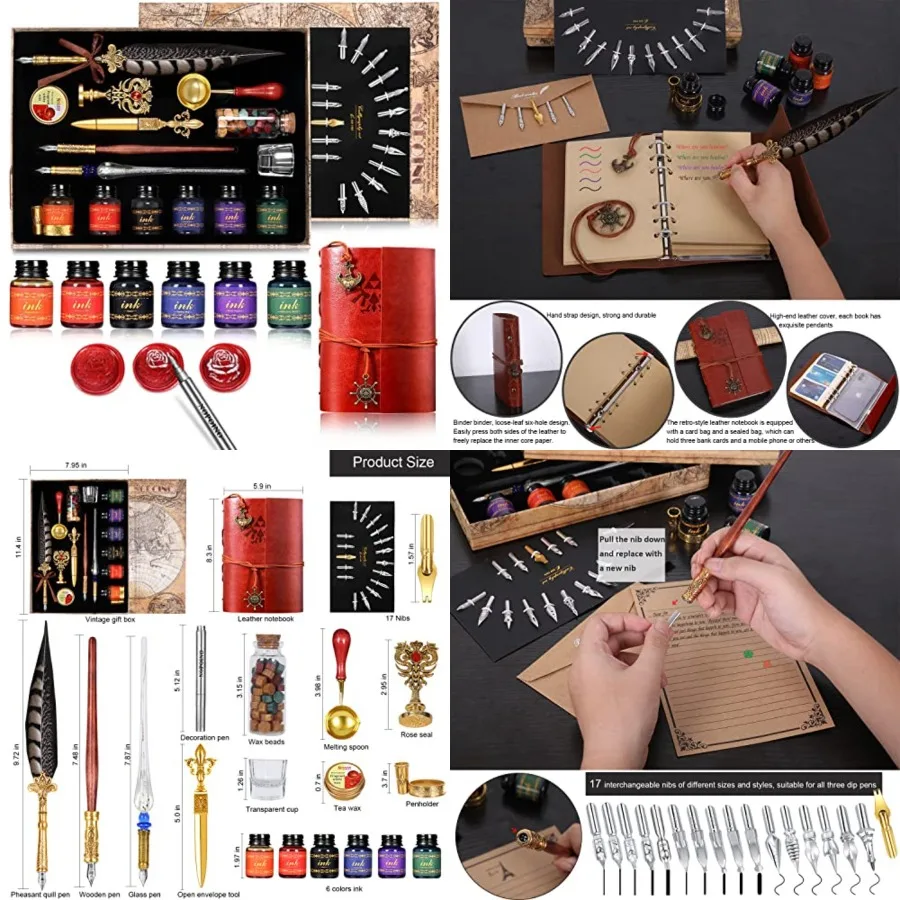 Vintage Pheasant Quill Pen Ink Set, Feather Dip Pen Set with Classic Spiral Bound Leather Notebook, Beginners Glass Dip Pen Woo
Vintage Pheasant Quill Pen Ink Set, Feather Dip Pen Set with Classic Spiral Bound Leather Notebook, Beginners Glass Dip Pen Woo