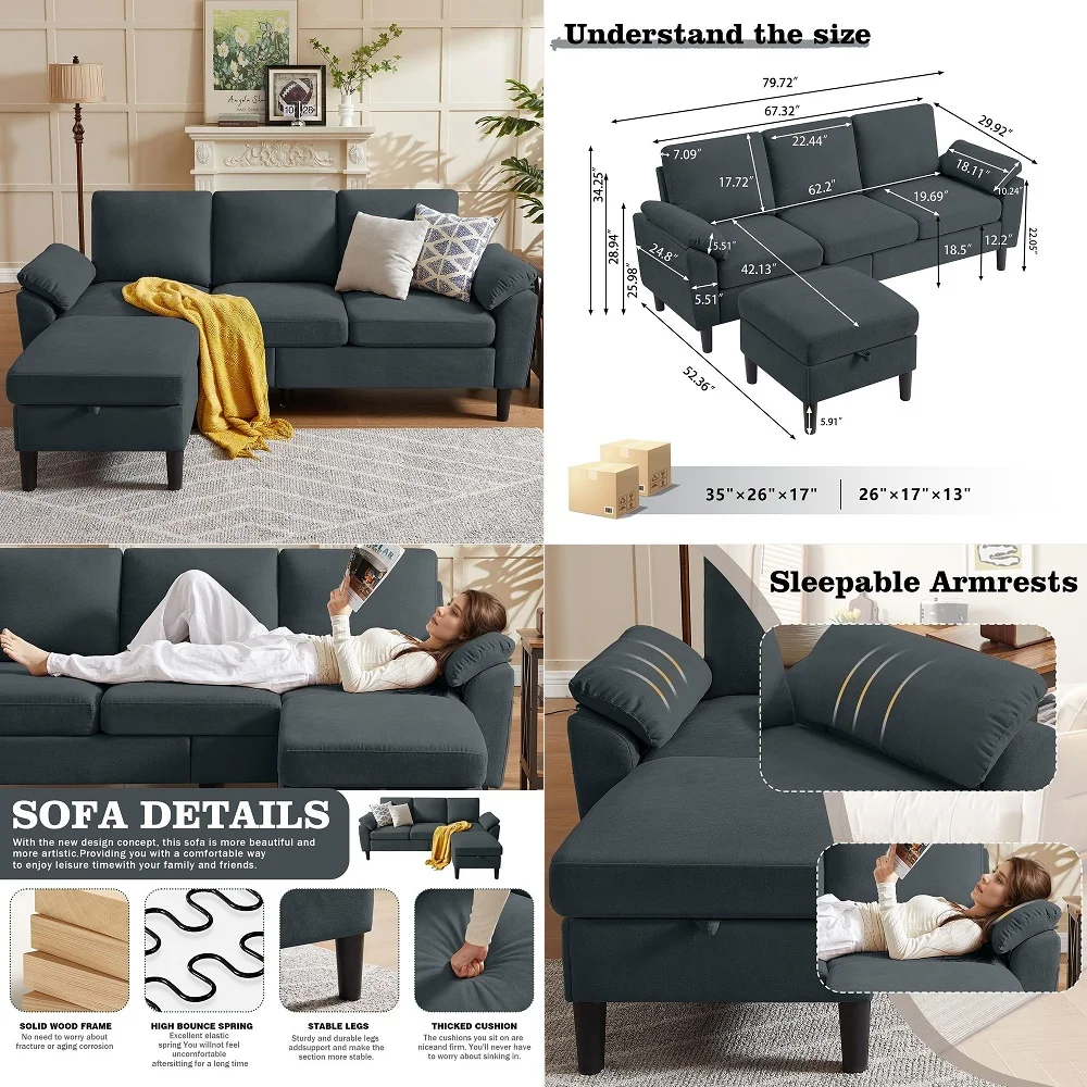 Convertible Sectional Sofa, Modern Linen Small L Shaped Couch with Reversible Chaise and Storage Ottoman, 3Seat Sofa Couches fo
Convertible Sectional Sofa, Modern Linen Small L Shaped Couch with Reversible Chaise and Storage Ottoman, 3Seat Sofa Couches fo