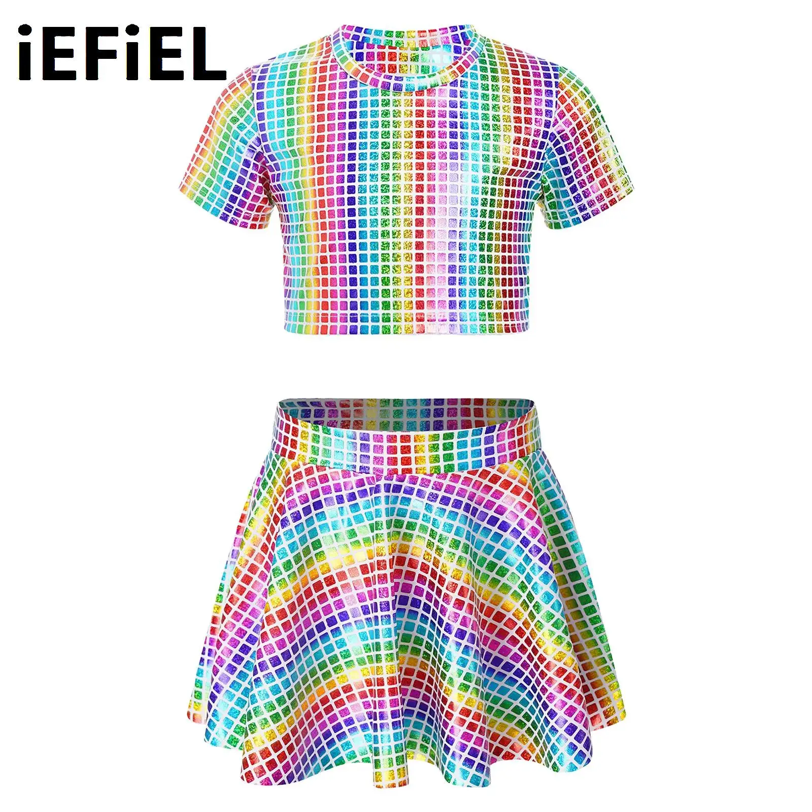 Kids Girls Metallic Dance Outfits Plaid Crop Top Round Neck Short Sleeve T-shirt with Plaid Sequins Ruffled Skirt Cheerleading
Kids Girls Metallic Dance Outfits Plaid Crop Top Round Neck Short Sleeve T-shirt with Plaid Sequins Ruffled Skirt Cheerleading