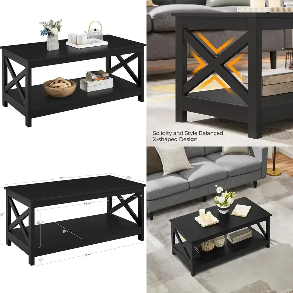 Black 2-Tier Wood Coffee Table with Storage Shelf, Living Room Accent, X-Design Cocktail Table, Easy Assembly Home Furniture
Black 2-Tier Wood Coffee Table with Storage Shelf, Living Room Accent, X-Design Cocktail Table, Easy Assembly Home Furniture
