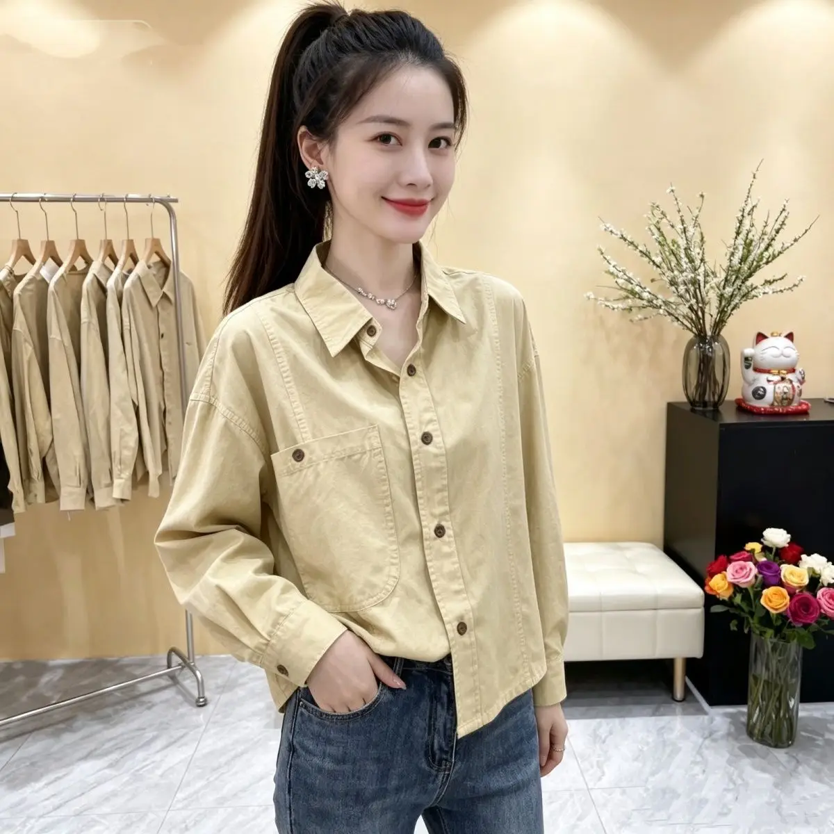 Spring Fashion Hong Kong Style Short Pure Cotton Collar Loose Long Sleeve Women's Shirt Anti-Aging Top Khaki New Model I...
Spring Fashion Hong Kong Style Short Pure Cotton Collar Loose Long Sleeve Women's Shirt Anti-Aging Top Khaki New Model I...