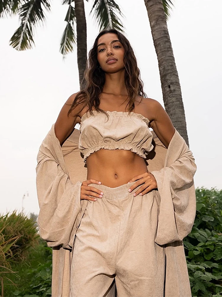 Sexy Long Shirts Strapless Vest Pants Sets Women Crop Top Loose Blouses Wide Leg Trousers 2025 Summer Lady Solid 3 Piece Sets
Sexy Long Shirts Strapless Vest Pants Sets Women Crop Top Loose Blouses Wide Leg Trousers 2025 Summer Lady Solid 3 Piece Sets