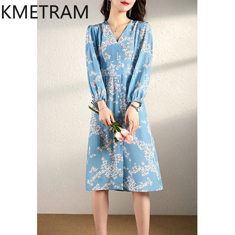 KMETRAM 100% Mulberry Silk Dresses Woman V-neck Print Elegant Dress Woman Clothes High Quality Summer Dress Woman Robe Femme
KMETRAM 100% Mulberry Silk Dresses Woman V-neck Print Elegant Dress Woman Clothes High Quality Summer Dress Woman Robe Femme