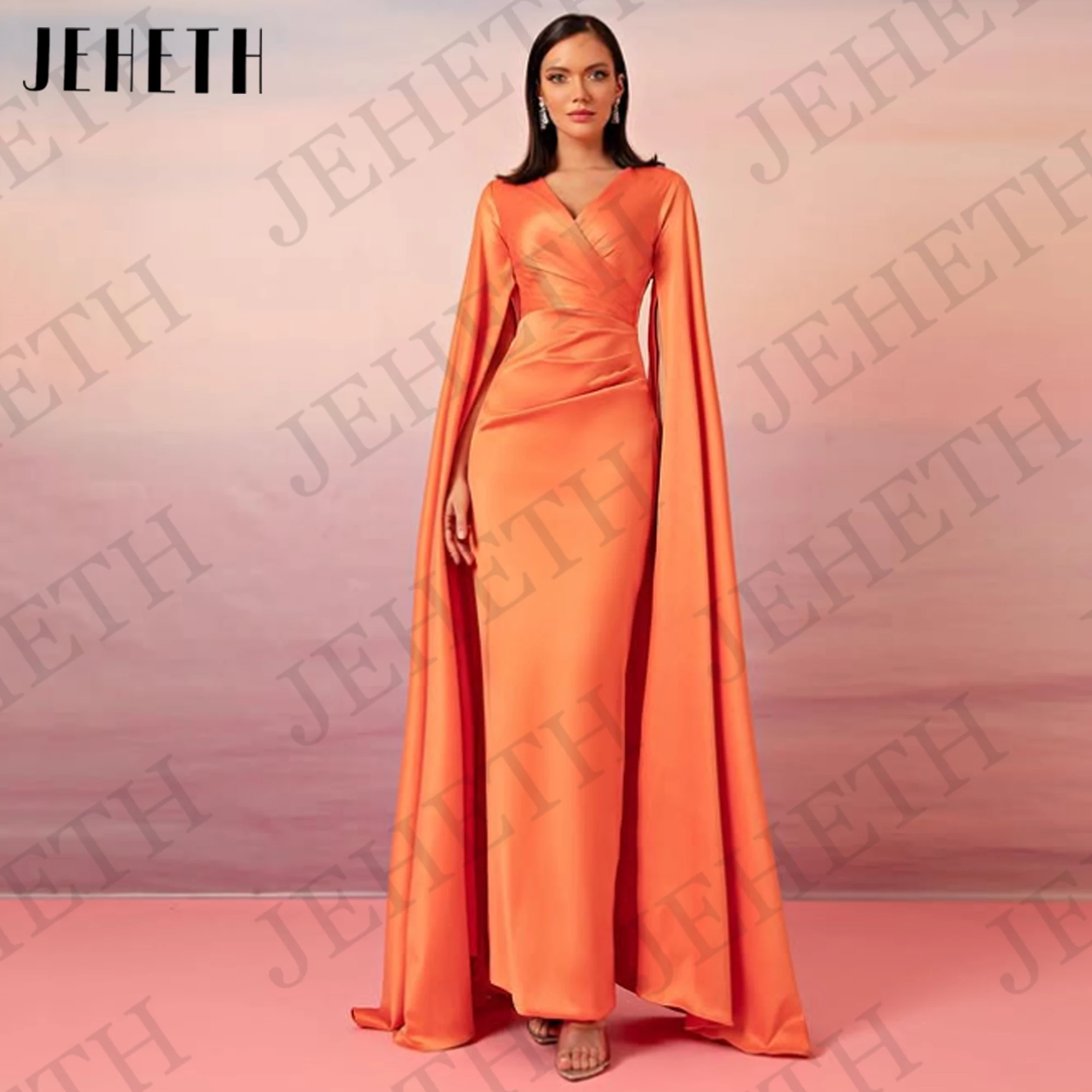 JEHETH Satin Evening Dresses Woman Elegant vestidos de gala Orange Cape Sleeves V Neck Slim Formal Party Events Dress Customized
JEHETH Satin Evening Dresses Woman Elegant vestidos de gala Orange Cape Sleeves V Neck Slim Formal Party Events Dress Customized