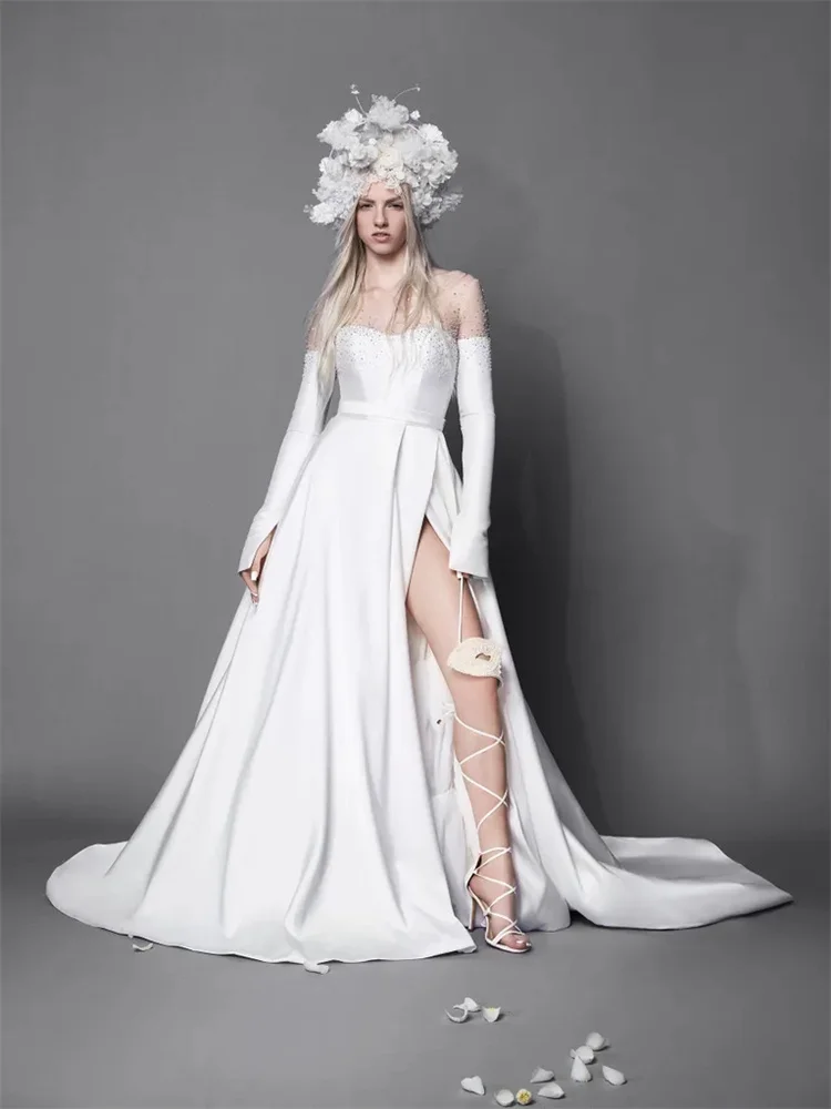 New Arrival Scoop Neckline Bodice A-Line Chiffon Wedding Dress Elegant Open Back Zipper High Slit Sweep Train Gowns For Bride
New Arrival Scoop Neckline Bodice A-Line Chiffon Wedding Dress Elegant Open Back Zipper High Slit Sweep Train Gowns For Bride