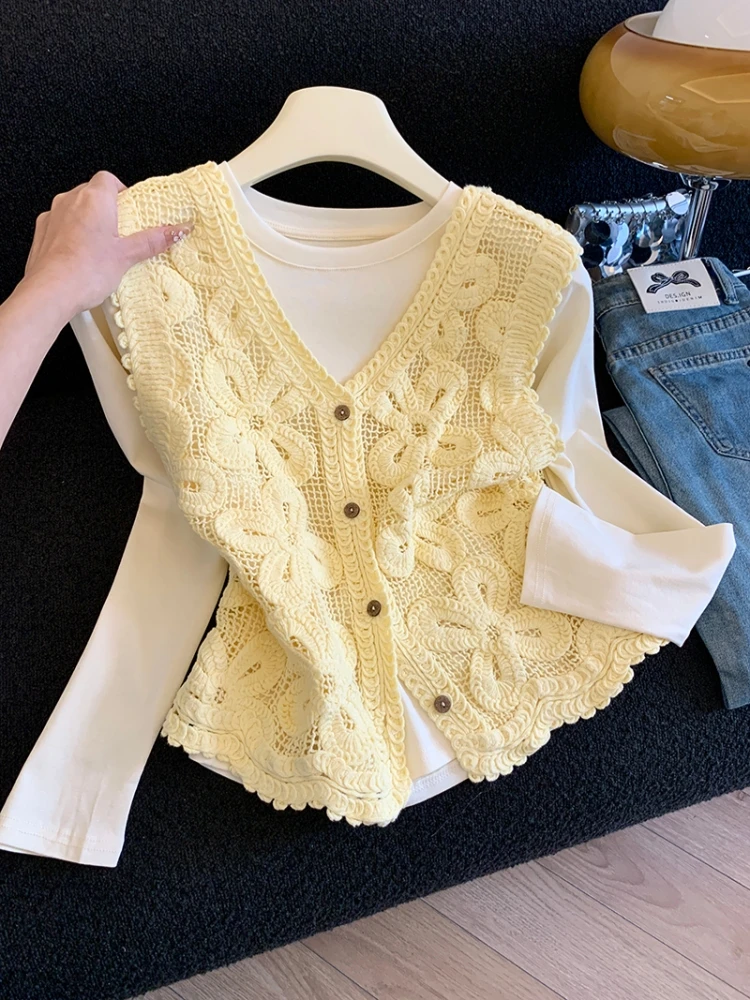 Women's Knitted Hollow out Long Sleeve Vest Thin Style Commute Fashion Two Piece Set Color V-Neck Button Closure
Women's Knitted Hollow out Long Sleeve Vest Thin Style Commute Fashion Two Piece Set Color V-Neck Button Closure