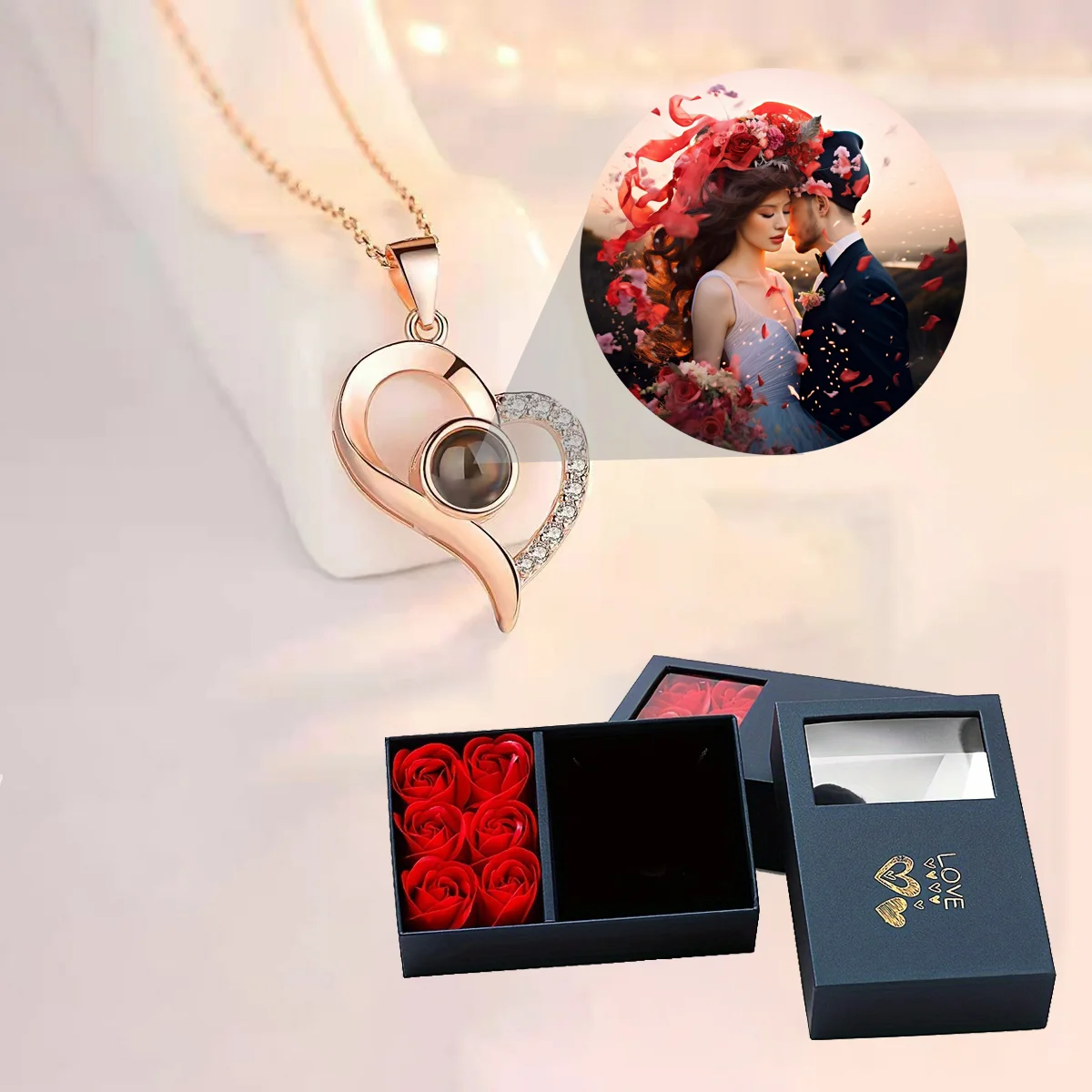 Custom Photo Projection Necklaces Heart Pendant Stainless Steel Chain With Rose Gift Box For Women 520 Valentine's Day Gifts
Custom Photo Projection Necklaces Heart Pendant Stainless Steel Chain With Rose Gift Box For Women 520 Valentine's Day Gifts