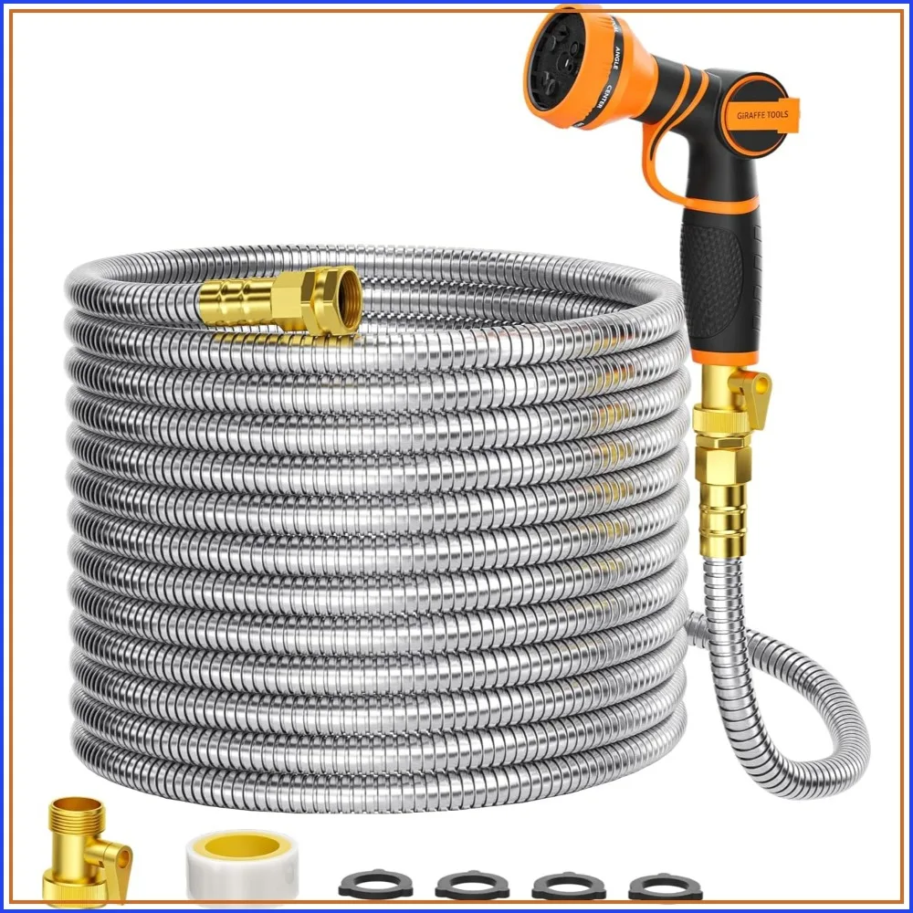 100ft x 5/8" Stainless Steel Garden Hose, No Kink, Flexible & Lightweight with 9-Pattern Spray Nozzle
100ft x 5/8" Stainless Steel Garden Hose, No Kink, Flexible & Lightweight with 9-Pattern Spray Nozzle