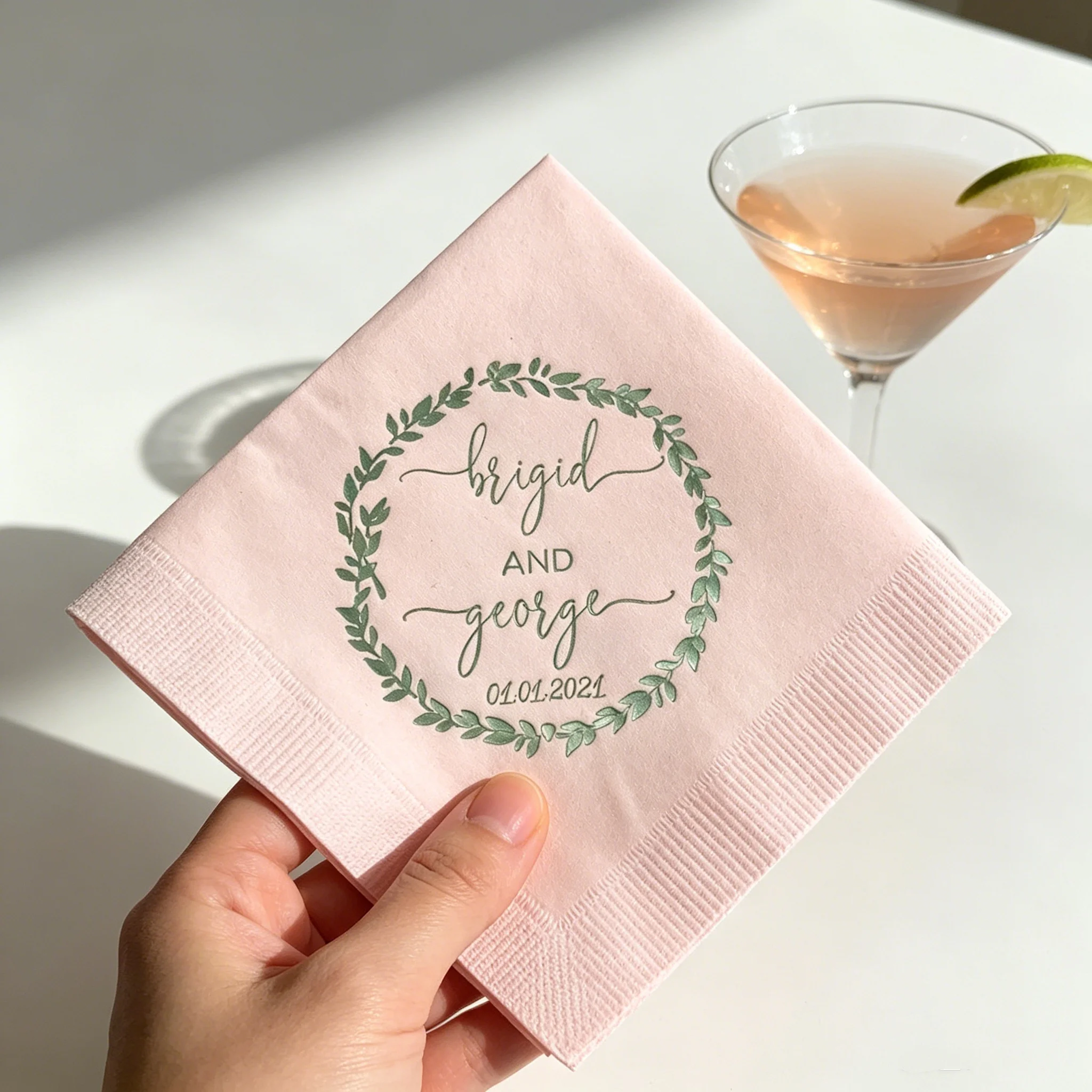 50pcs Personalized Sage Green Wedding Napkins, Custom Names & Date with Green Foil Leaf Wreath Design, White Disposable Cocktail
50pcs Personalized Sage Green Wedding Napkins, Custom Names & Date with Green Foil Leaf Wreath Design, White Disposable Cocktail