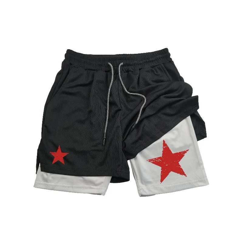 Men's pentagram printed double-layer sports shorts Quick drying breathable and non stuffy Mobile phone side pocket+towel strap
Men's pentagram printed double-layer sports shorts Quick drying breathable and non stuffy Mobile phone side pocket+towel strap