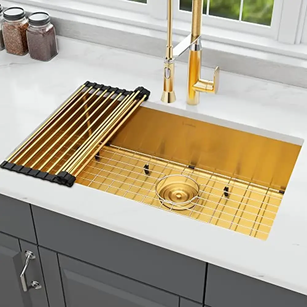 30x18 inch Gold Stainless Steel Undermount Single Bowl Kitchen Sink with Bottom Grid Roll-Up Drying Rack and Strainer R10 Corner
30x18 inch Gold Stainless Steel Undermount Single Bowl Kitchen Sink with Bottom Grid Roll-Up Drying Rack and Strainer R10 Corner