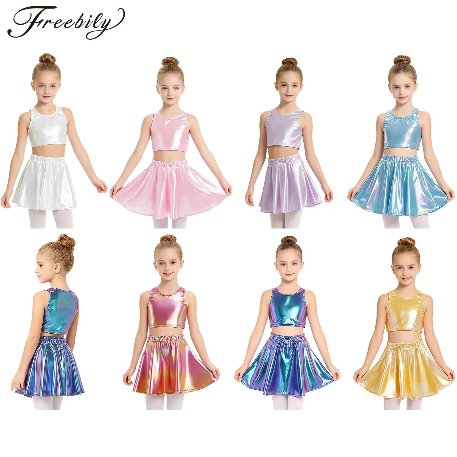 Kids Girls Metallic Hip Hop Cheerleading Dance Outfit Sleeveless Crop Top with Elastic Waistband Skirt Set
Kids Girls Metallic Hip Hop Cheerleading Dance Outfit Sleeveless Crop Top with Elastic Waistband Skirt Set