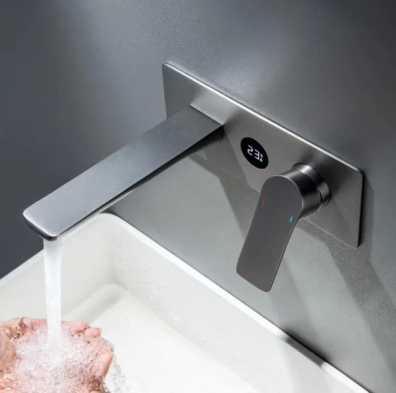 Digital display Gunmetal gray bathroom faucet intelligent single handle cold and hot dual control brass wall basin faucet
Digital display Gunmetal gray bathroom faucet intelligent single handle cold and hot dual control brass wall basin faucet