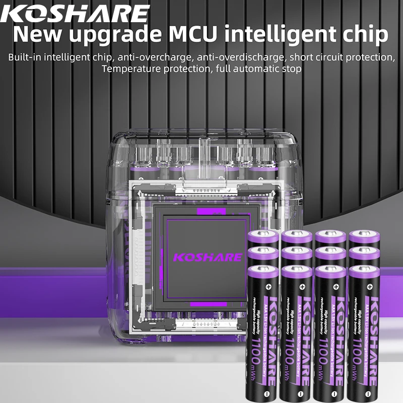 KOSHARE Rechargeable Batteries AAA 1100mWh With 12 Slot LED Smart Lithium Battery Charger Type-C Independent Fast Charging Case
KOSHARE Rechargeable Batteries AAA 1100mWh With 12 Slot LED Smart Lithium Battery Charger Type-C Independent Fast Charging Case