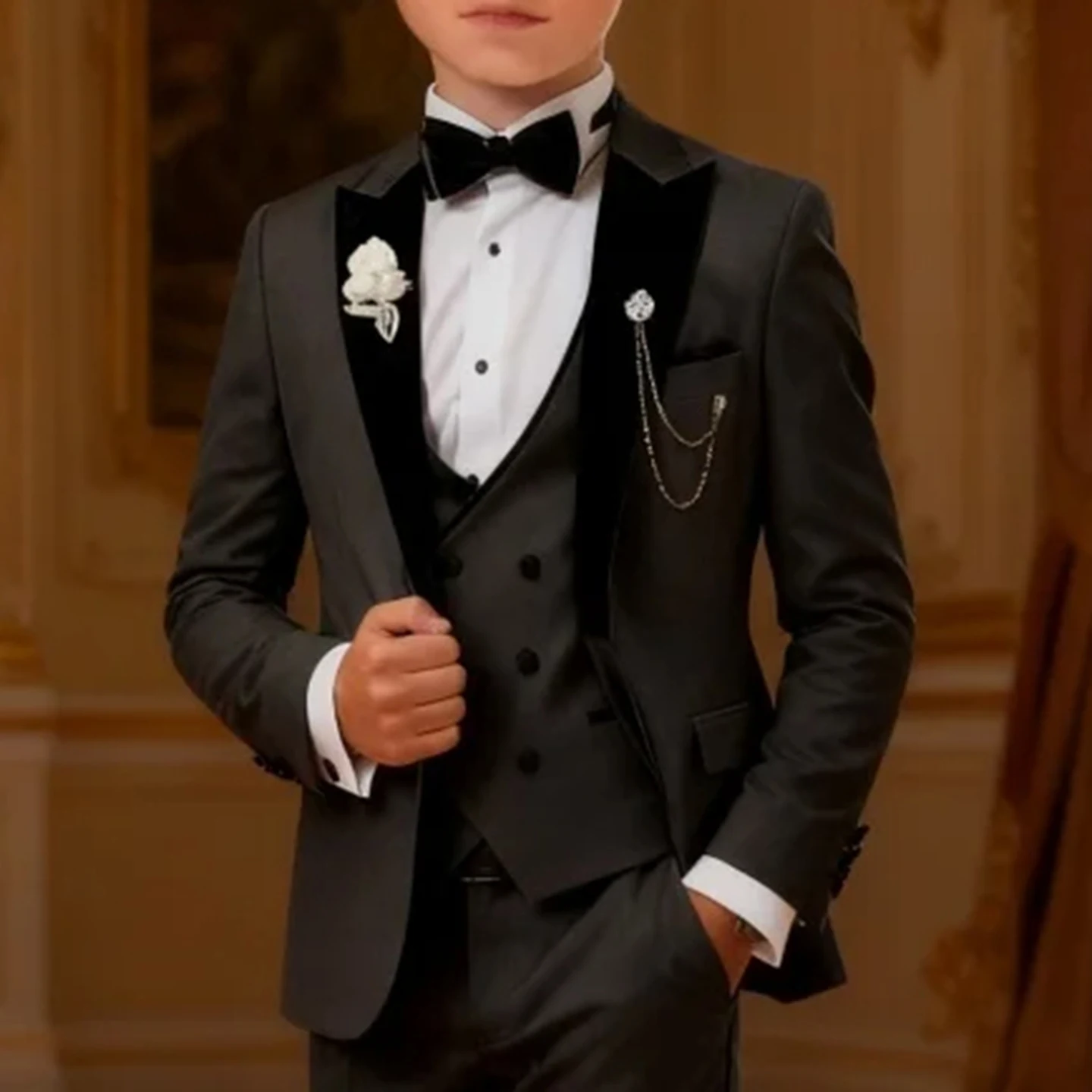 Elegant Dark Gray and Black Boys 3-Piece Formal Suit Set Peak Lapel and Long Sleeves Suit Set Regular Length Boys Suit Set
Elegant Dark Gray and Black Boys 3-Piece Formal Suit Set Peak Lapel and Long Sleeves Suit Set Regular Length Boys Suit Set