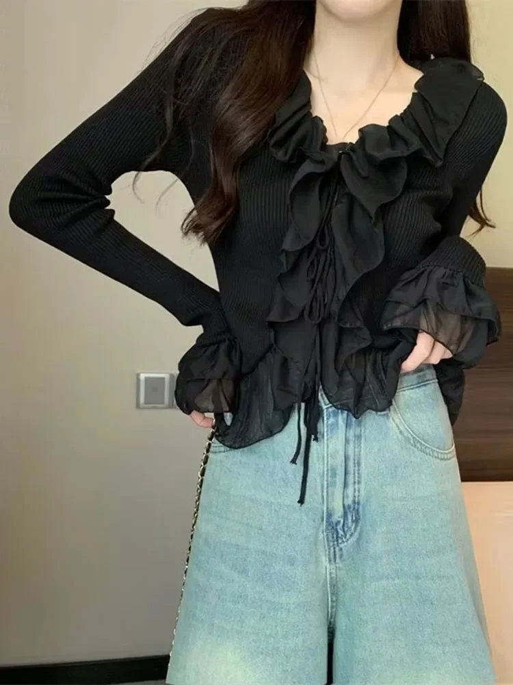 Свежий винтажный литературный однотонный лоскутный джемпер, кружевная вязаная тонкая майка с французскими оборками и расклешенными рукавами на шнуровке, Sweet Mujer
Свежий винтажный литературный однотонный лоскутный джемпер, кружевная вязаная тонкая майка с французскими оборками и расклешенными рукавами на шнуровке, Sweet Mujer