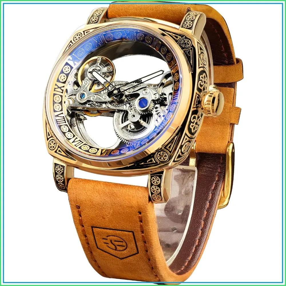 Men's Square Mechanical Watch with Retro Totem, Double Sided Hollow Skeleton, Self-Wind Automatic, Vintage Leather Strap Wristwatch
Men's Square Mechanical Watch with Retro Totem, Double Sided Hollow Skeleton, Self-Wind Automatic, Vintage Leather Strap Wristwatch