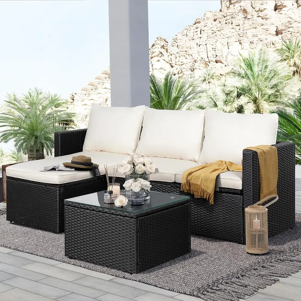 3-Piece Outdoor Sectional Sofa Set with Removable Seat Cushions, Wicker Patio Furniture with Glass Coffee Table & Ottoman, Black
3-Piece Outdoor Sectional Sofa Set with Removable Seat Cushions, Wicker Patio Furniture with Glass Coffee Table & Ottoman, Black